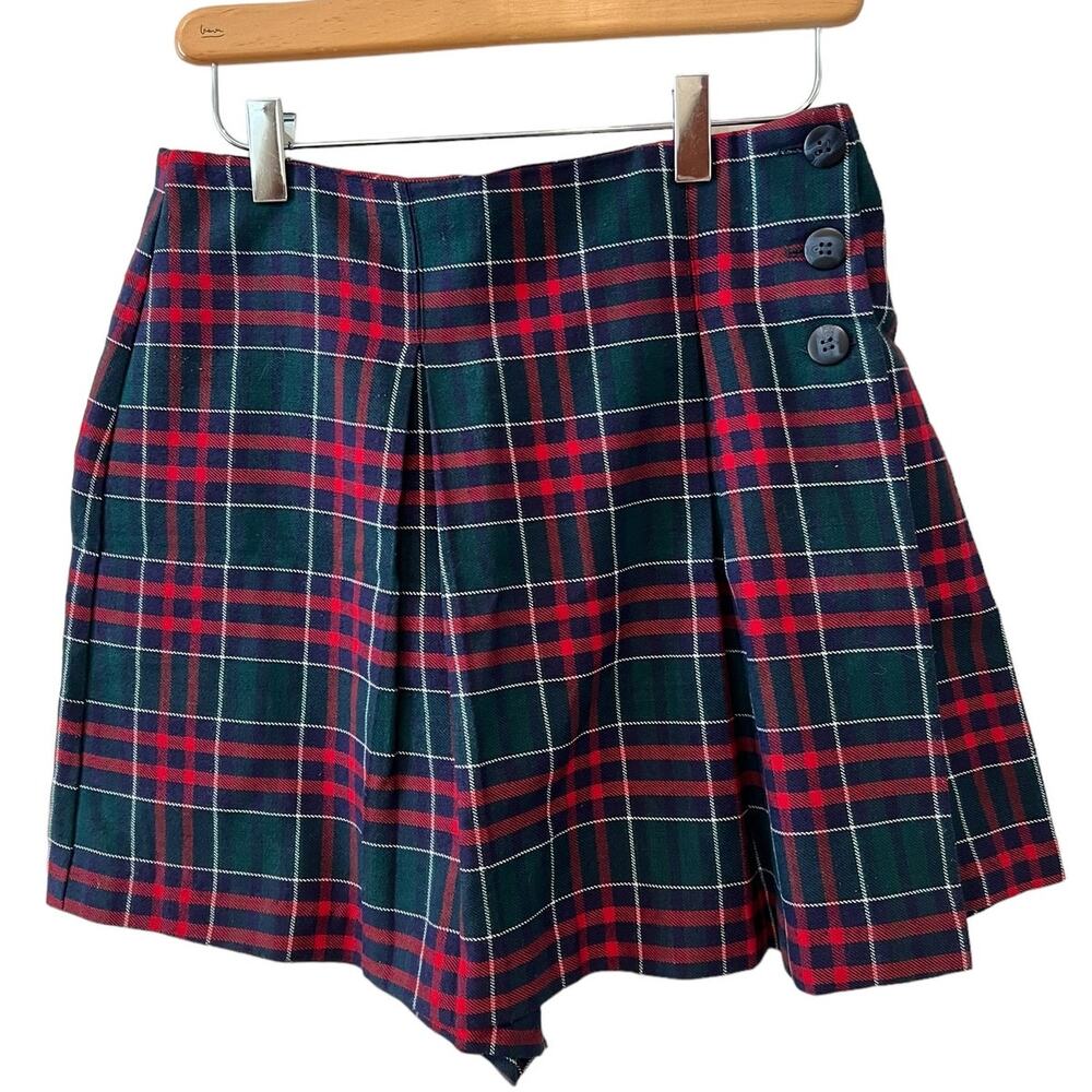 Vintage 90s Plaid Mini Skort Red Green School Girl Plaid Print